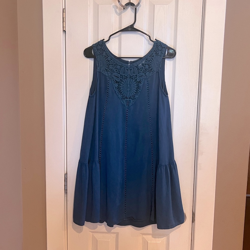Free People: Blue Lace Swing Dress Mod Boho Crochet: Size M